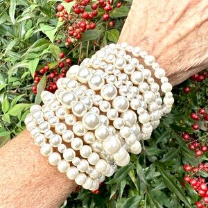 Arm Candy Bracelet White Faux Pearls Silver Statement Jewelry NWOT
